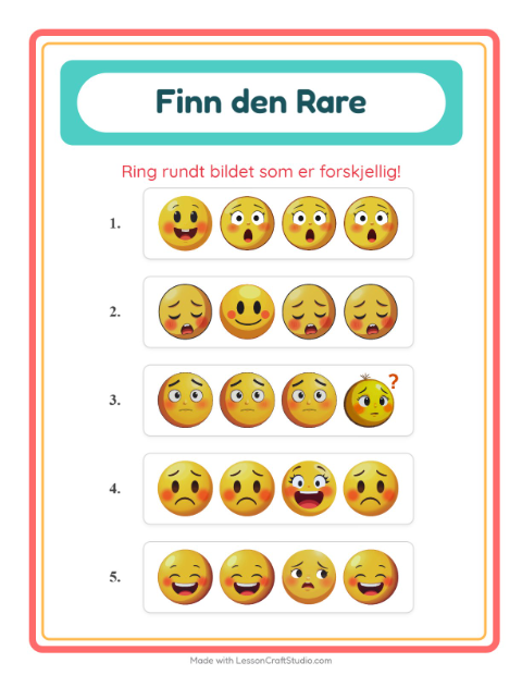 Forhåndsvisning av Hvilken Passer Ikke-arbeidsark med Følelser for Barnehage (5-7 år)