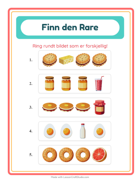 Forhåndsvisning av Hvilken Passer Ikke-arbeidsark med Frokost for Barnehage (5-7 år)
