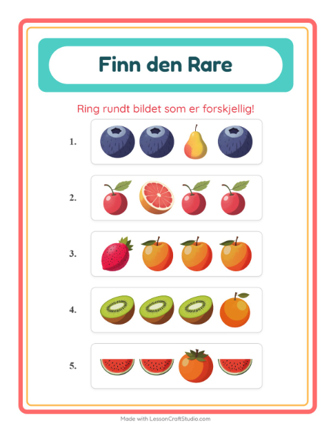 Forhåndsvisning av Hvilken Passer Ikke-arbeidsark med Frukter for Barnehage (5-7 år)