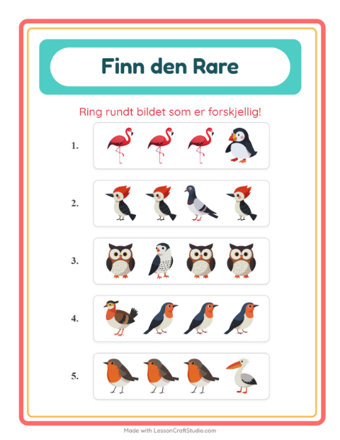 Forhåndsvisning av Hvilken Passer Ikke-arbeidsark med Fugler 2 for Barnehage (5-7 år)