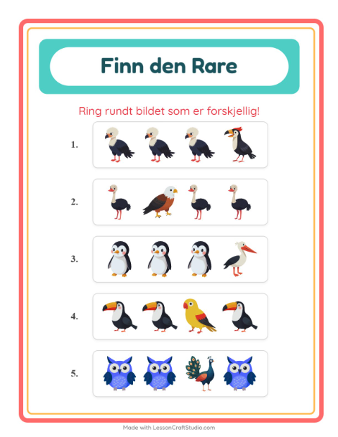 Forhåndsvisning av Hvilken Passer Ikke-arbeidsark med Fugler for Barnehage (5-7 år)