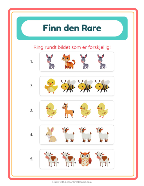 Forhåndsvisning av Hvilken Passer Ikke-arbeidsark med Gårdsdyr for Barnehage (5-7 år)