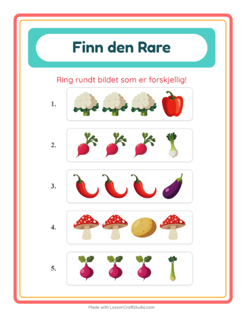 Forhåndsvisning av Hvilken Passer Ikke-arbeidsark med Grønnsaker for Barnehage (5-7 år)