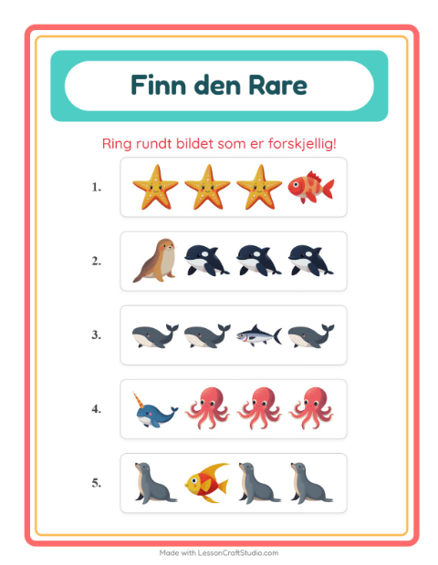 Forhåndsvisning av Hvilken Passer Ikke-arbeidsark med Havliv for Barnehage (5-7 år)