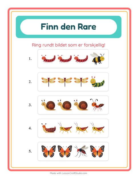 Forhåndsvisning av Hvilken Passer Ikke-arbeidsark med Insekter og kryp for Barnehage (5-7 år)
