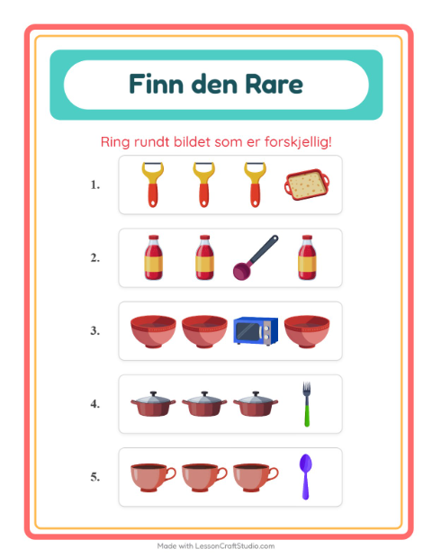 Forhåndsvisning av Hvilken Passer Ikke-arbeidsark med Kjøkkenredskaper for Barnehage (5-7 år)