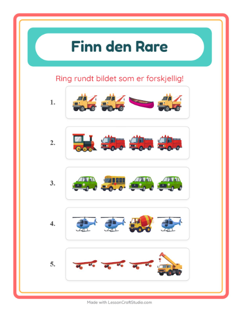 Forhåndsvisning av Hvilken Passer Ikke-arbeidsark med Kjøretøy for Barnehage (5-7 år)