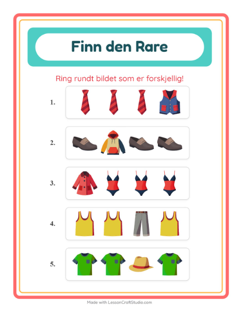 Forhåndsvisning av Hvilken Passer Ikke-arbeidsark med Klær for Barnehage (5-7 år)