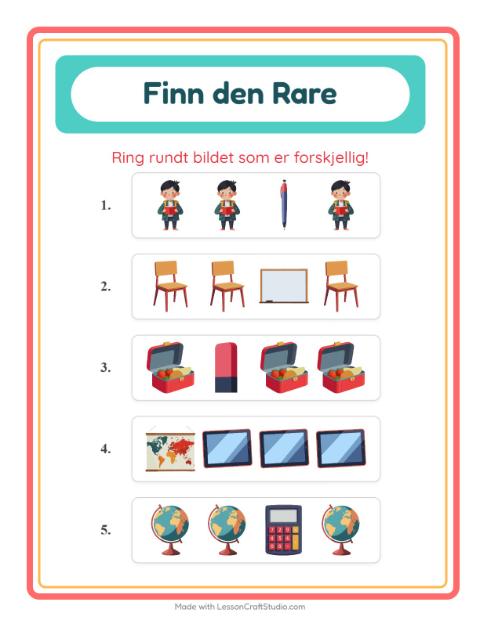 Forhåndsvisning av Hvilken Passer Ikke-arbeidsark med Klasserom for Barnehage (5-7 år)