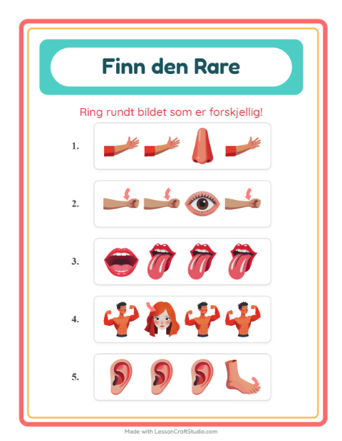 Forhåndsvisning av Hvilken Passer Ikke-arbeidsark med Kroppsdeler for Barnehage (5-7 år)