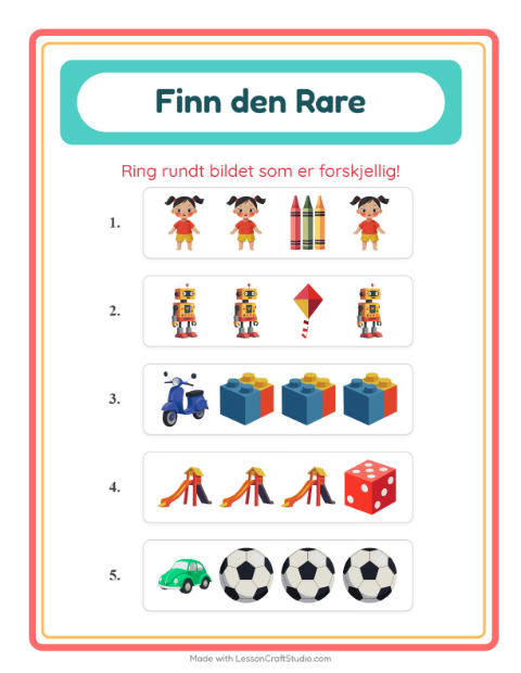 Forhåndsvisning av Hvilken Passer Ikke-arbeidsark med Leker for Barnehage (5-7 år)