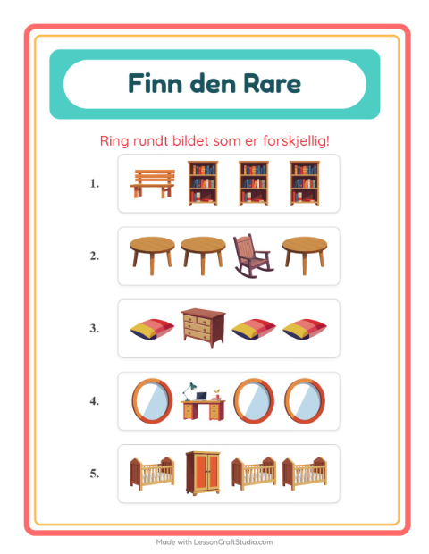 Forhåndsvisning av Hvilken Passer Ikke-arbeidsark med Møbler for Barnehage (5-7 år)