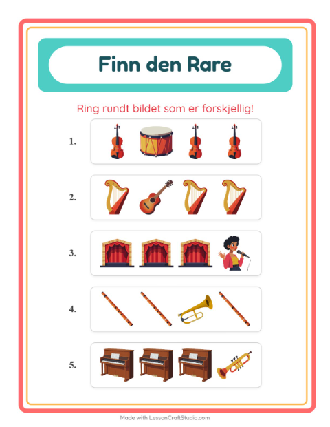 Forhåndsvisning av Hvilken Passer Ikke-arbeidsark med Musikk for Barnehage (5-7 år)