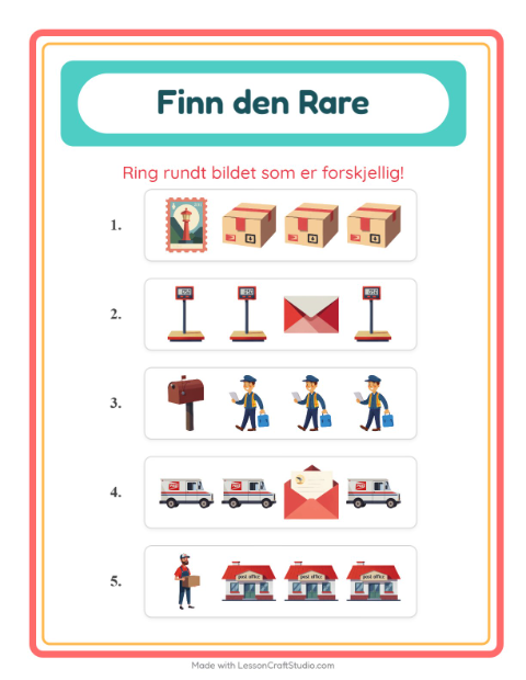 Forhåndsvisning av Hvilken Passer Ikke-arbeidsark med Postkontor for Barnehage (5-7 år)