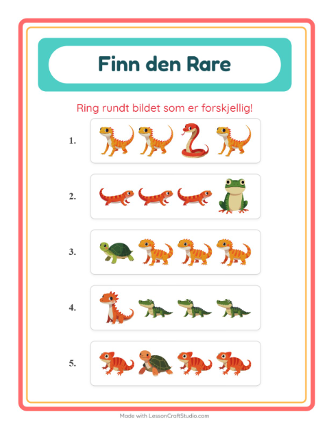 Forhåndsvisning av Hvilken Passer Ikke-arbeidsark med Reptiler og amfibier for Barnehage (5-7 år)