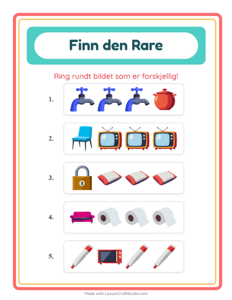 Forhåndsvisning av Hvilken Passer Ikke-arbeidsark med Rundt i huset for Barnehage (5-7 år)