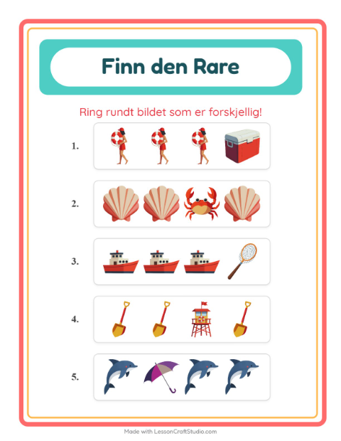 Forhåndsvisning av Hvilken Passer Ikke-arbeidsark med Strand for Barnehage (5-7 år)