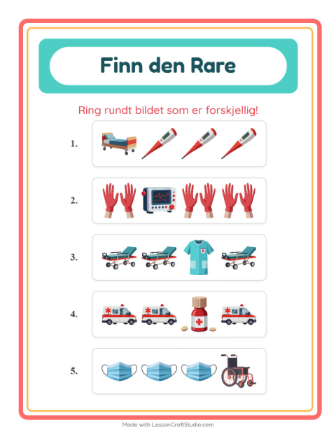 Forhåndsvisning av Hvilken Passer Ikke-arbeidsark med Sykehus for Barnehage (5-7 år)