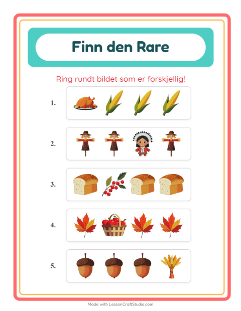 Forhåndsvisning av Hvilken Passer Ikke-arbeidsark med Thanksgiving for Barnehage (5-7 år)
