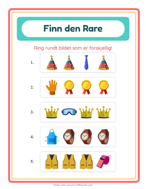 Forhåndsvisning av Hvilken Passer Ikke-arbeidsark med Tilbehør for Barnehage (5-7 år)