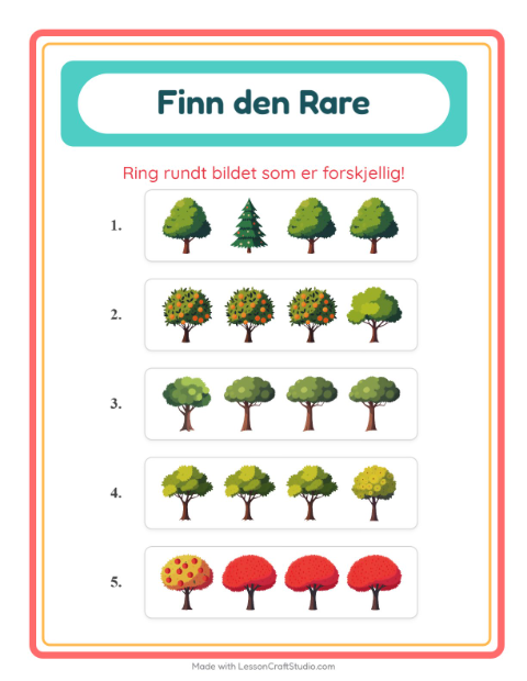 Forhåndsvisning av Hvilken Passer Ikke-arbeidsark med Trær for Barnehage (5-7 år)