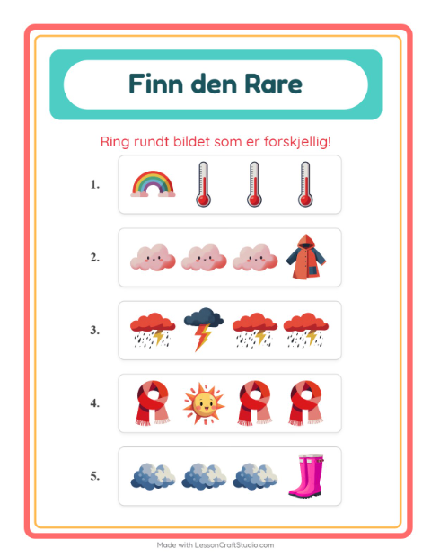 Forhåndsvisning av Hvilken Passer Ikke-arbeidsark med Vær for Barnehage (5-7 år)