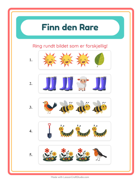 Forhåndsvisning av Hvilken Passer Ikke-arbeidsark med Vår for Barnehage (5-7 år)