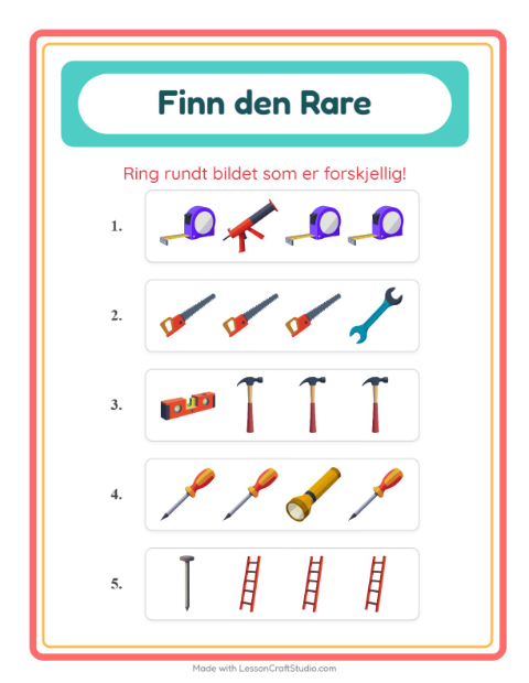 Forhåndsvisning av Hvilken Passer Ikke-arbeidsark med Verktøy for Barnehage (5-7 år)