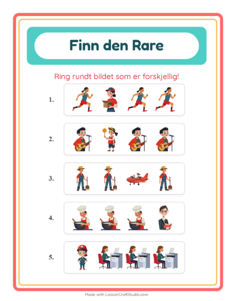 Forhåndsvisning av Hvilken Passer Ikke-arbeidsark med Yrker for Barnehage (5-7 år)