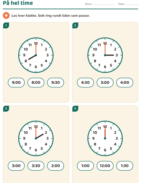 Lese klokka på 2. trinn – hele og halve timer — 4