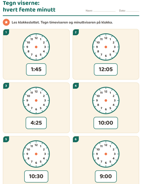 Forhåndsvisning av Lese klokka-arbeidsark for 1. trinn