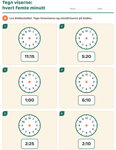 Forhåndsvisning av Lese klokka-arbeidsark for 1. trinn