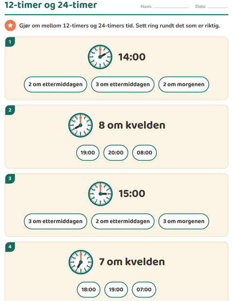 Forhåndsvisning av Lese klokka-arbeidsark for 3. trinn