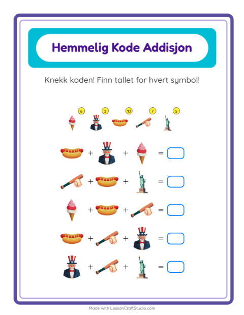 Forhåndsvisning av Kodeaddisjon-arbeidsark med 4. juli for Barnehage (5-7 år)
