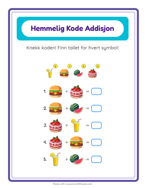 Forhåndsvisning av Kodeaddisjon-arbeidsark med 4. juli for Barnehage (5-7 år)