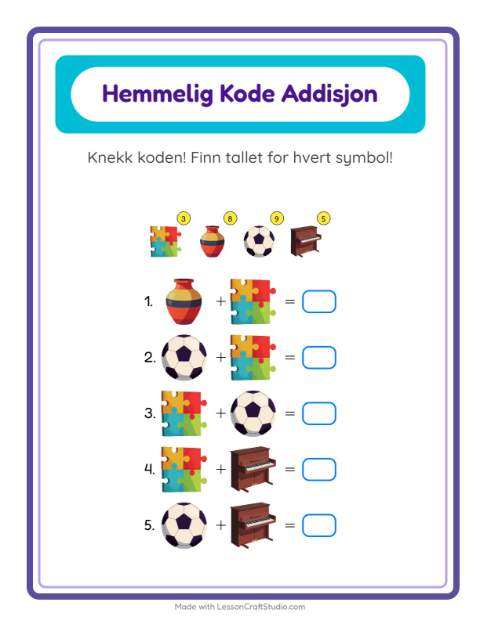 Forhåndsvisning av Kodeaddisjon-arbeidsark med Aktiviteter for Barnehage (5-7 år)
