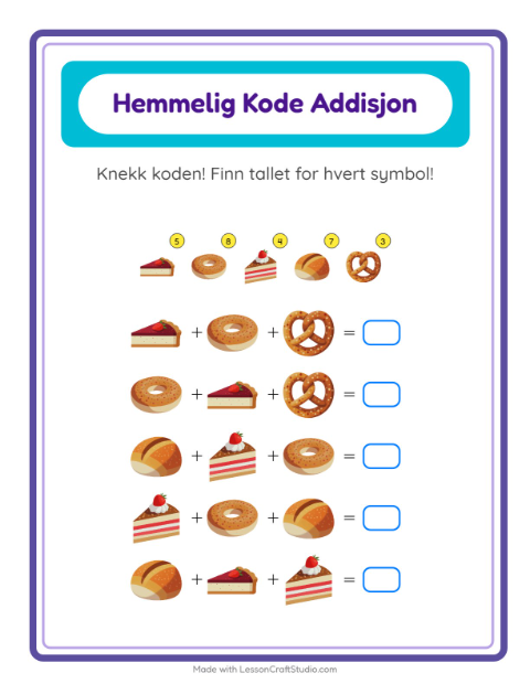 Forhåndsvisning av Kodeaddisjon-arbeidsark med Bakeri for Barnehage (5-7 år)