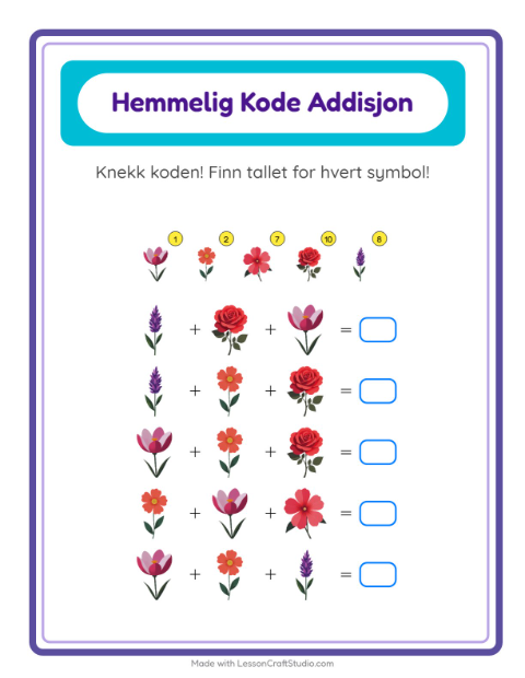 Forhåndsvisning av Kodeaddisjon-arbeidsark med Blomster for Barnehage (5-7 år)