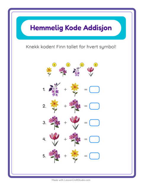 Forhåndsvisning av Kodeaddisjon-arbeidsark med Blomster for Barnehage (5-7 år)