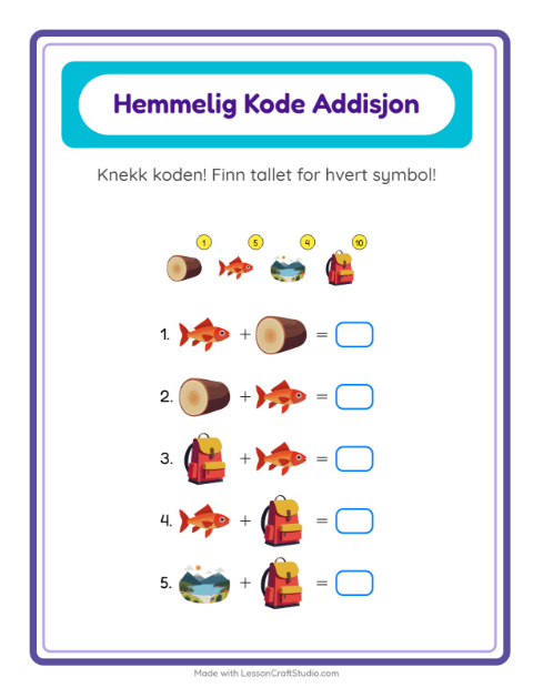 Forhåndsvisning av Kodeaddisjon-arbeidsark med Camping for Barnehage (5-7 år)