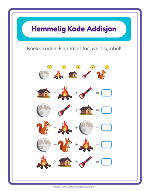 Forhåndsvisning av Kodeaddisjon-arbeidsark med Camping for Barnehage (5-7 år)