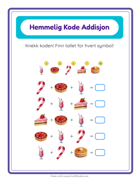 Forhåndsvisning av Kodeaddisjon-arbeidsark med Desserter og godteri for Barnehage (5-7 år)