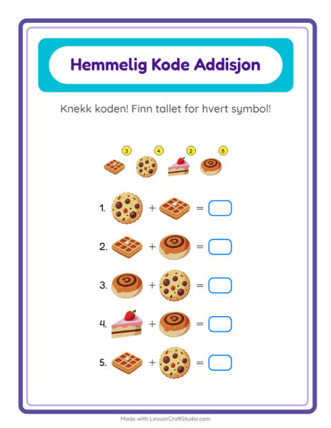 Forhåndsvisning av Kodeaddisjon-arbeidsark med Desserter og godteri for Barnehage (5-7 år)