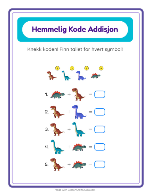 Forhåndsvisning av Kodeaddisjon-arbeidsark med Dinosaurer for Barnehage (5-7 år)