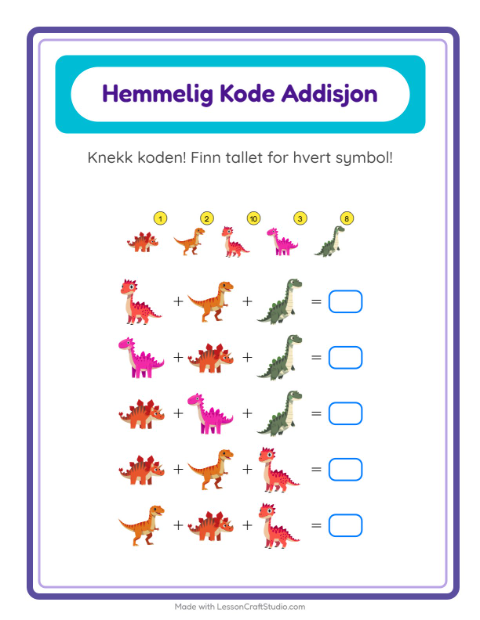 Forhåndsvisning av Kodeaddisjon-arbeidsark med Dinosaurer for Barnehage (5-7 år)
