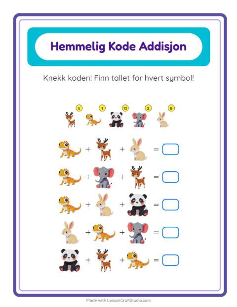 Forhåndsvisning av Kodeaddisjon-arbeidsark med Dyr for Barnehage (5-7 år)