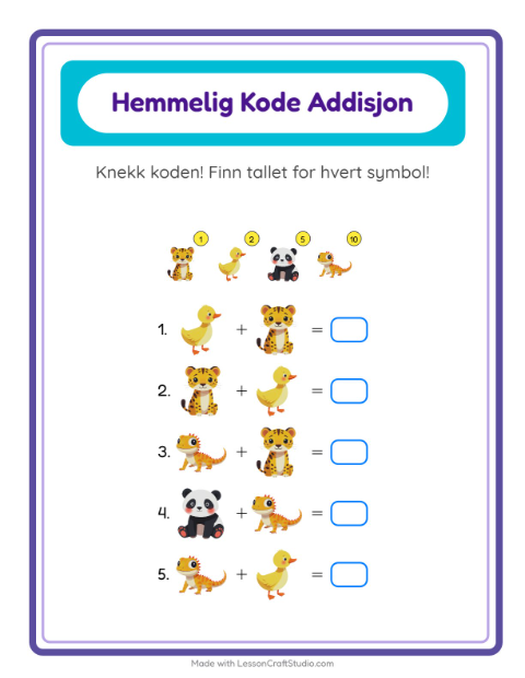 Forhåndsvisning av Kodeaddisjon-arbeidsark med Dyr for Barnehage (5-7 år)