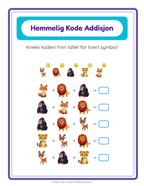 Forhåndsvisning av Kodeaddisjon-arbeidsark med Dyrehagedyr for Barnehage (5-7 år)