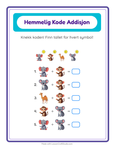 Forhåndsvisning av Kodeaddisjon-arbeidsark med Dyrehagedyr for Barnehage (5-7 år)