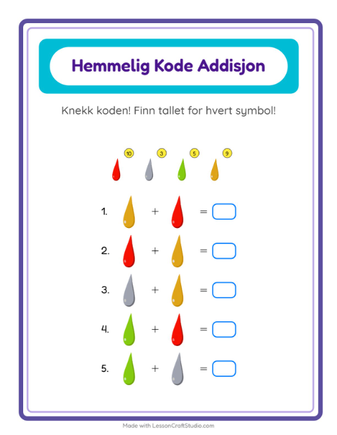 Forhåndsvisning av Kodeaddisjon-arbeidsark med Farger for Barnehage (5-7 år)